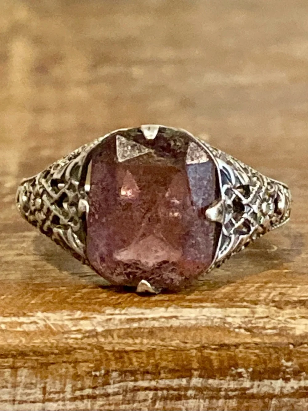 Sterling Silver Filigree Ring with Purple Stone - Size 7